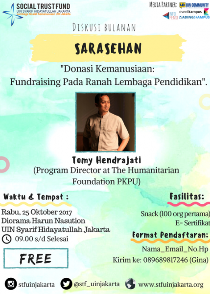 DISKUSI BULANAN: SARASEHAN BERSAMA TOMY HENDRAJATI (Program Director at The Humanitarian Foundation PKPU)