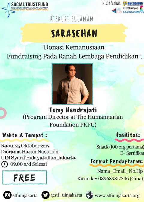 Poster DISKUSI BULANAN: SARASEHAN BERSAMA TOMY HENDRAJATI (Program Director at The Humanitarian Foundation PKPU)