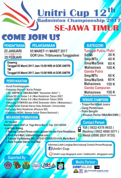 Poster Unitri Cup 12th Badminton Championship 2017 Se â€“ Jawa Timur