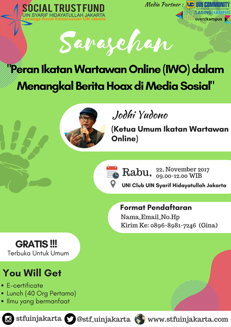 Poster SARASEHAN: Bersama Jodhi Yudono (Ketua Umum Ikatan Wartawan Online) Menangkal Hoax di Media Sosial