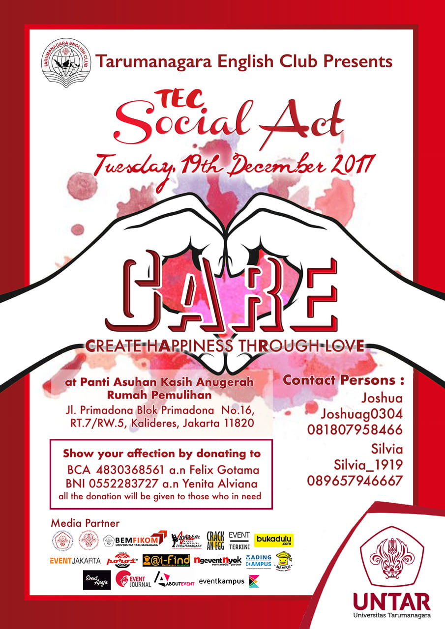 Poster Tarumanagara English Club present: Social Act 2017 - CARE (Create hAppiness thRough lovE)