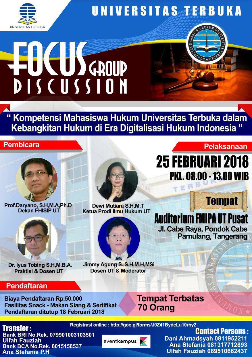 Poster Focus Group Discussion  â€œKompetensi Mahasiswa Hukum Universitas Terbuka Dalam Era Kebangkitan Hukum