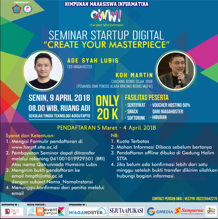 Poster Seminar Startup Digital 2018 dengan tema Create your masterpiece