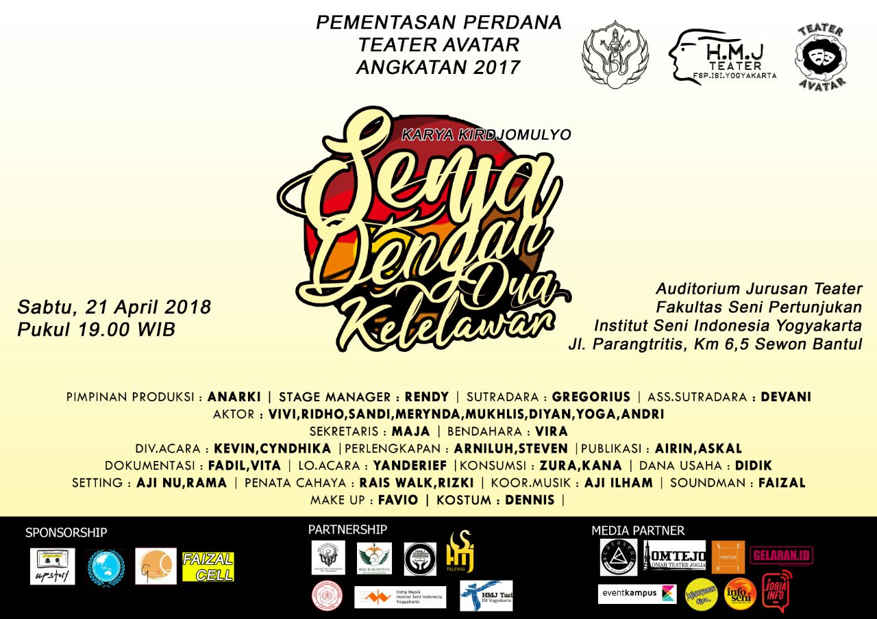 Poster Pentas perdana teater avatar jurusan teater angkatan 2017 fakultas seni pertunjukan isi yogyakarta