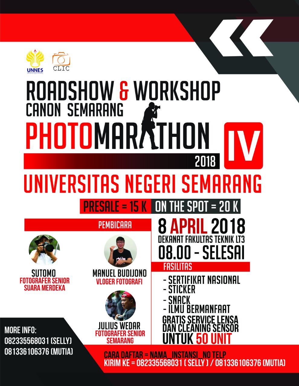 Poster ROADSHOW & WORKSHOP Canon Semarang Photo Marathon IV 2018 bersama UKM FOTOGRAFI CLIC UNNESðŸ“¸