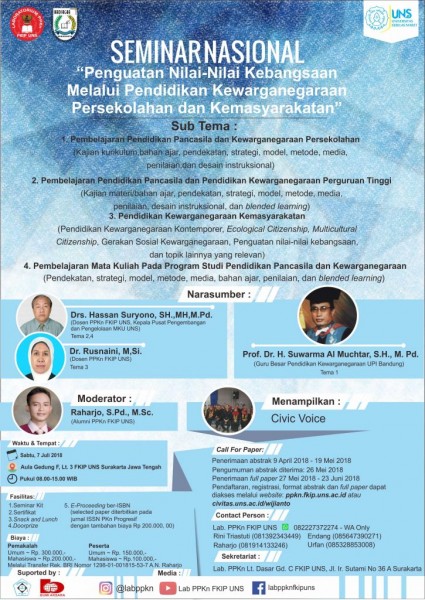 SEMINAR NASIONAL PENGUATAN NILAI-NILAI KEBANGSAAN MELALUI PENDIDIKAN KEWARGANEGARAAN PERSEKOLAHAN DA