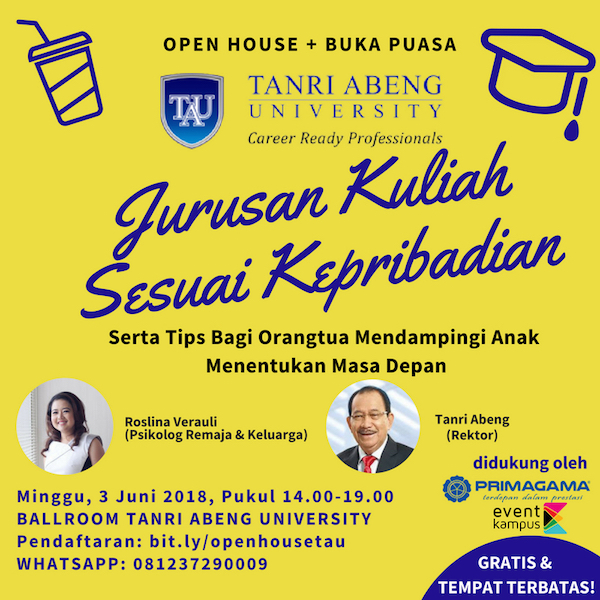 Poster Open House + Buka Puasa Tanri Abeng University: Jurusan Kuliah Sesuai Kepribadian