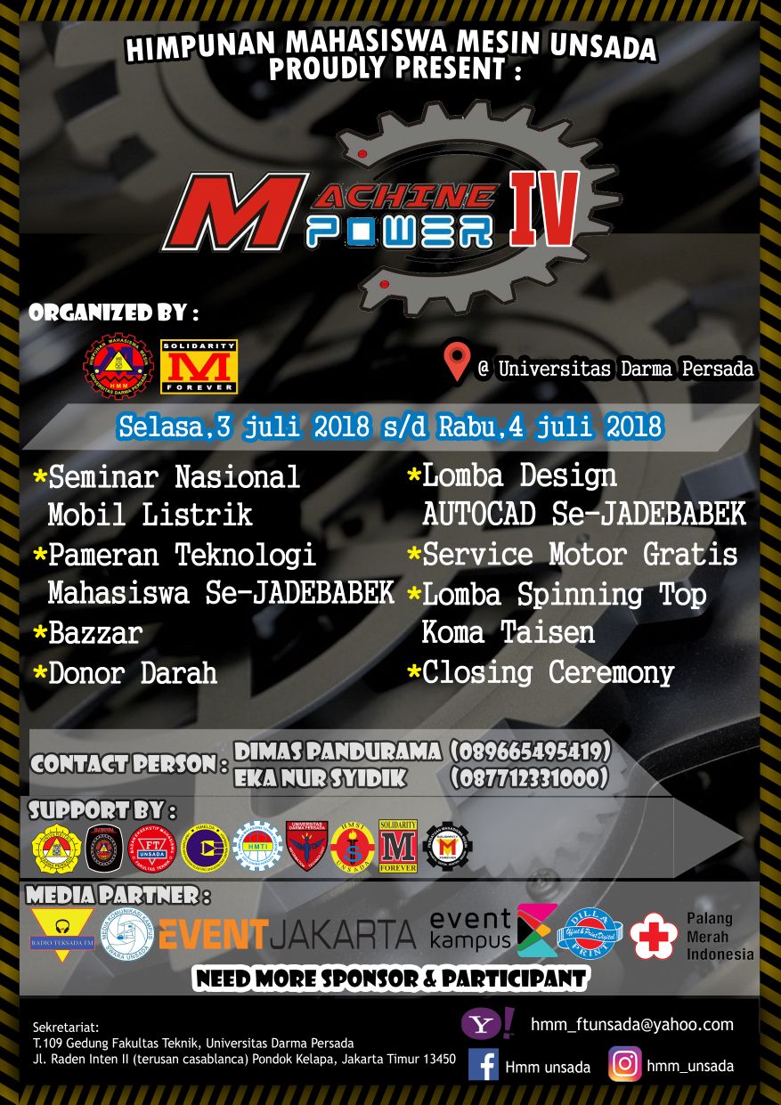 Poster Himpunan mahasiswa mesin Univ. Darma Persada proudly present "Machine power IV"