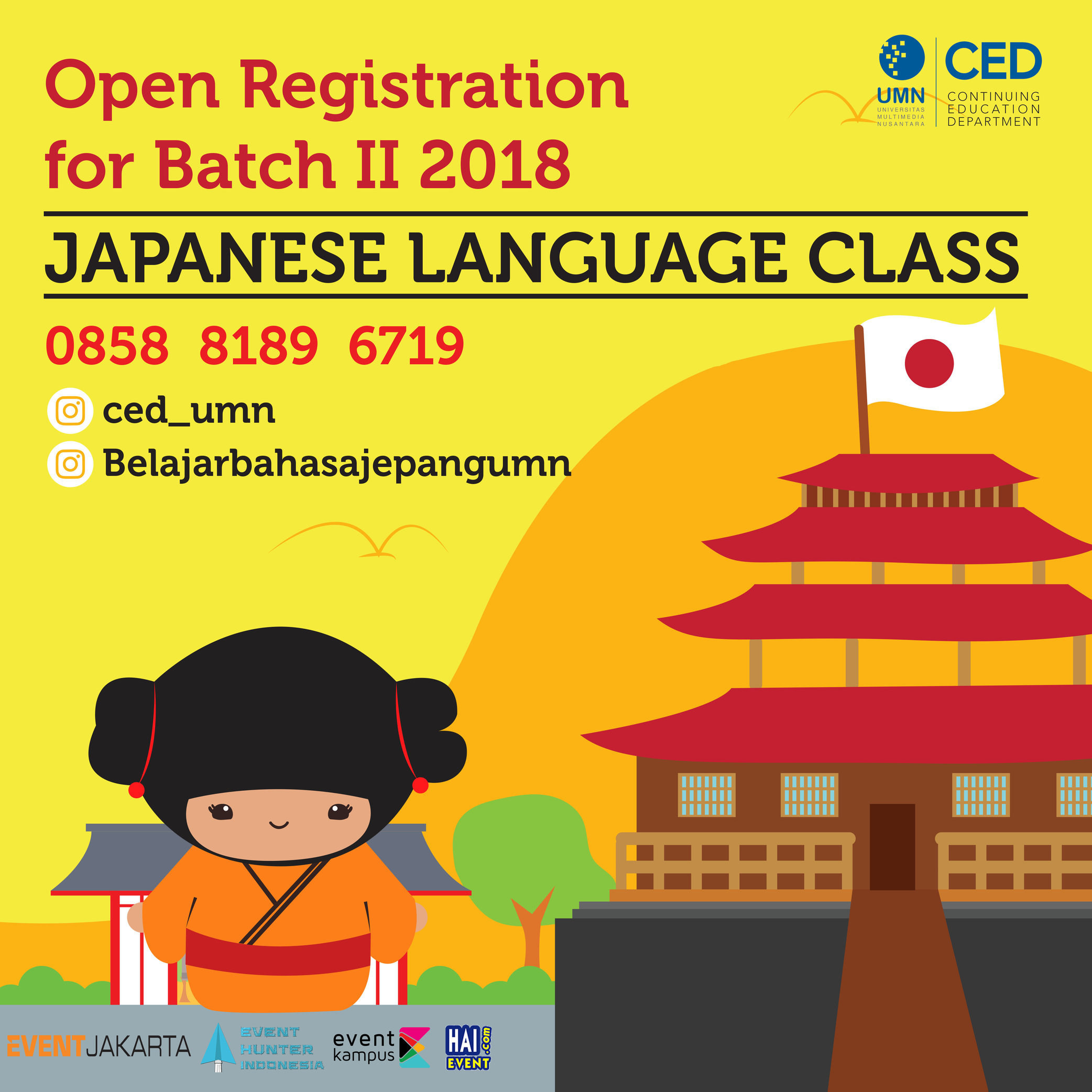 Poster UMN Membuka Kelas Bahasa Jepang Batch II 2018