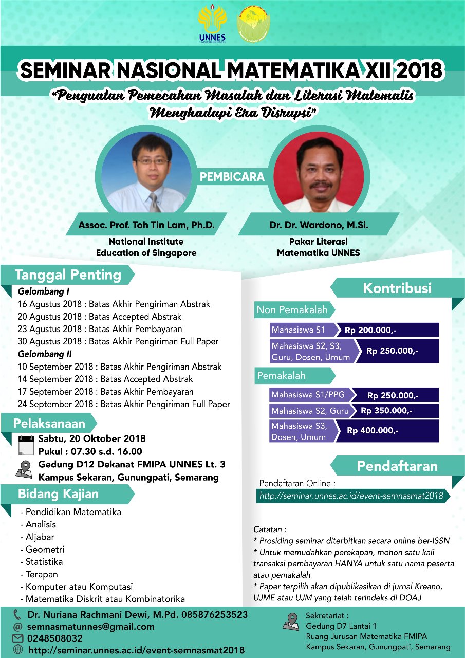 Poster Seminar Nasional Matematika XII 2018 | Jurusan Matematika FMIPA Universitas Negeri Semarang