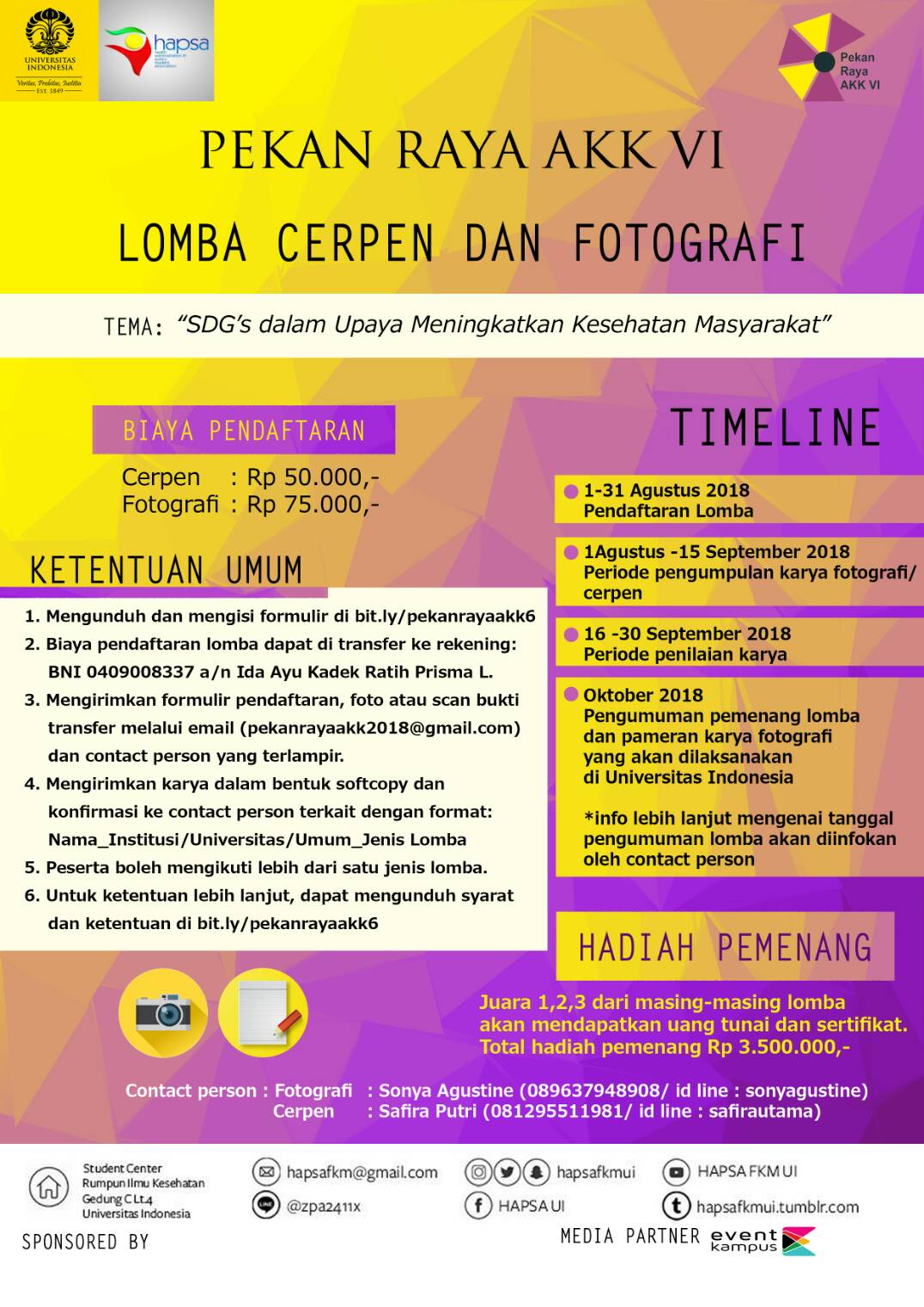 Poster Lomba Cerpen dan Fotografi Pekan Raya AKK 6 FKM UI