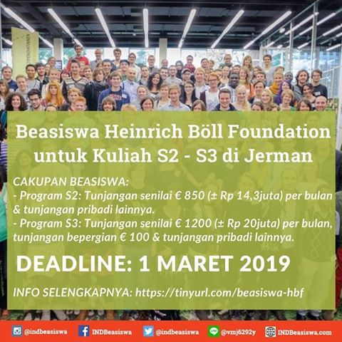 Poster Beasiswa S2 dan S3 di Jerman dari Heinrich Boll Foundation deadline 1 Maret 2019