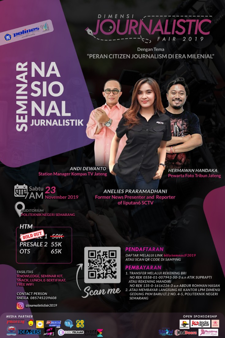 Poster Dimensi Journalistic Fair 2019 "Seminar Nasional Jurnalistik"