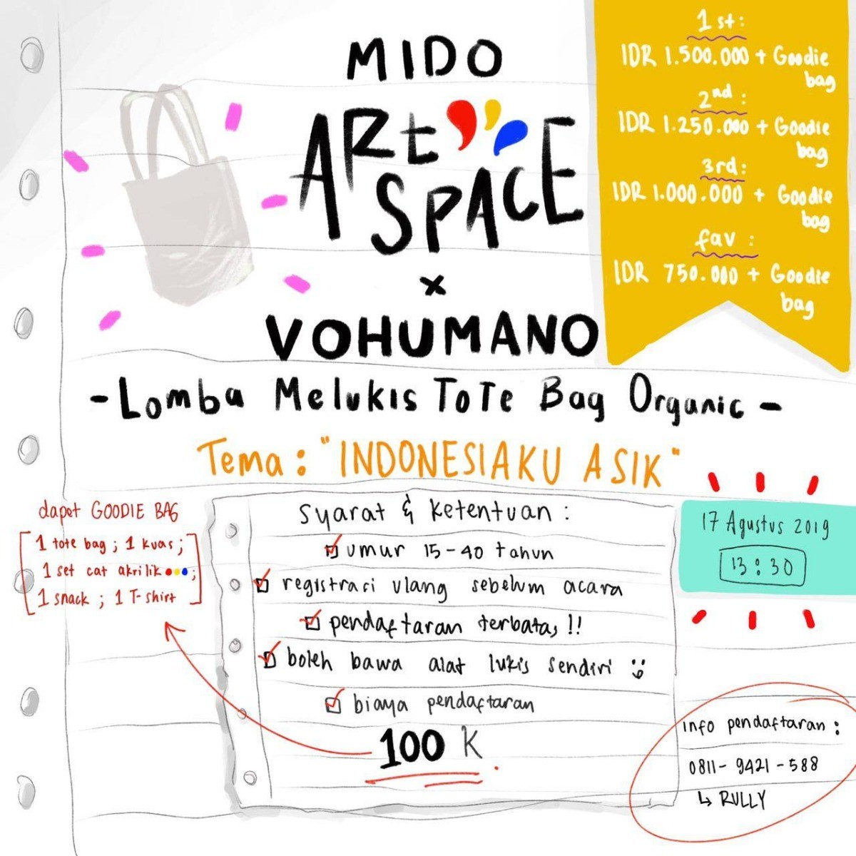 Poster MIDO ART SPACE X VOHUMANO mempersembahkan "Lomba Melukis Tote Bag Organic?"