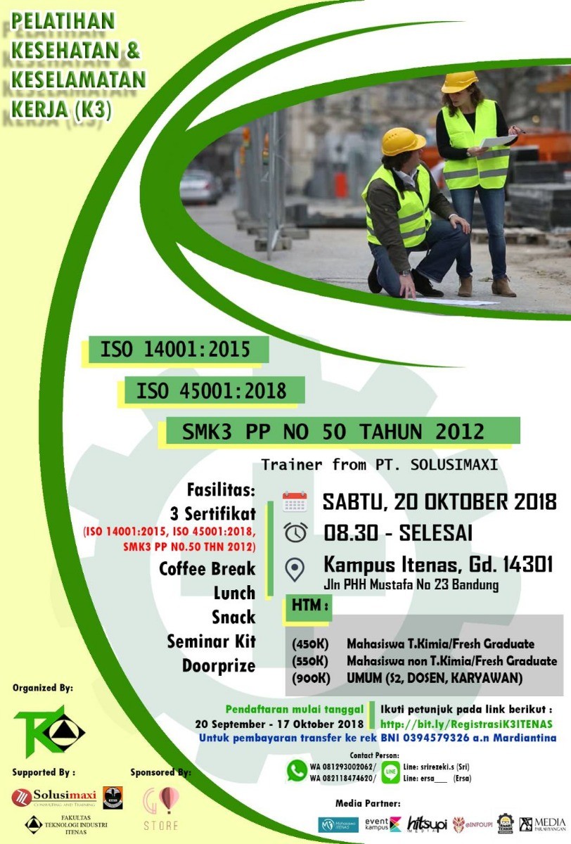 Poster Pelatihan Keselamatan dan Kesehatan kerja ISO 14001:2015, ISO 45001:2018, SMK3 PP NO. TAHUN 2012