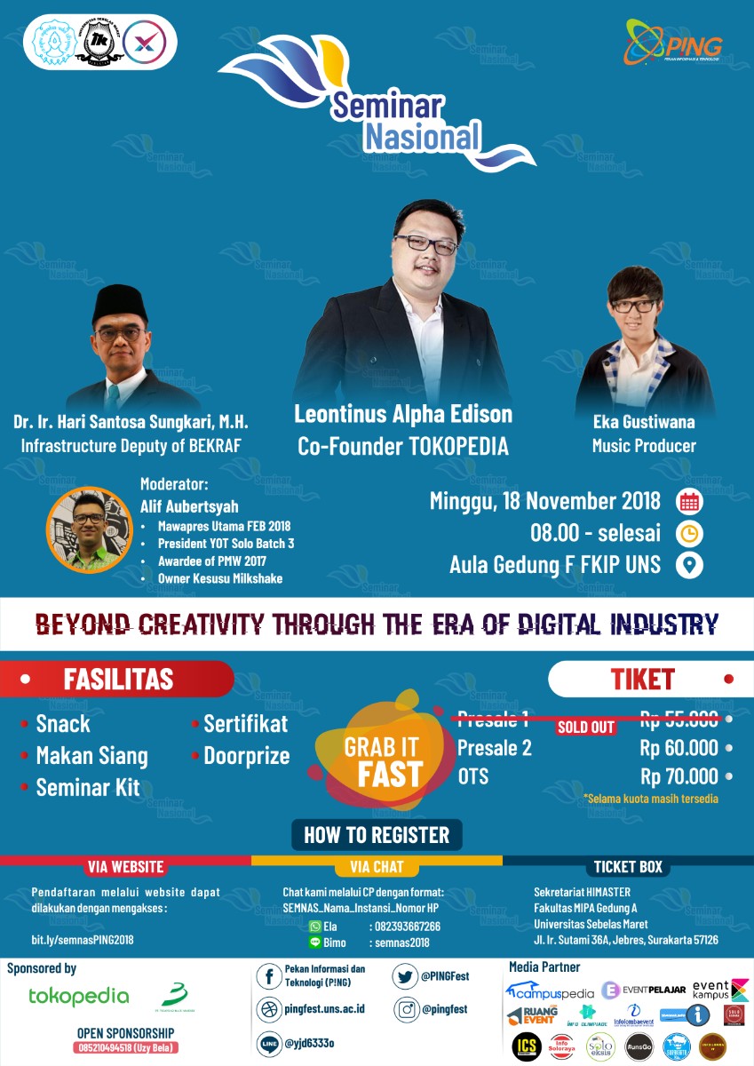 Poster SEMINAR NASIONAL P!NGFEST ( EKA GUSTIWANA, Co-Founder TOKOPEDIA, BEKRAF )