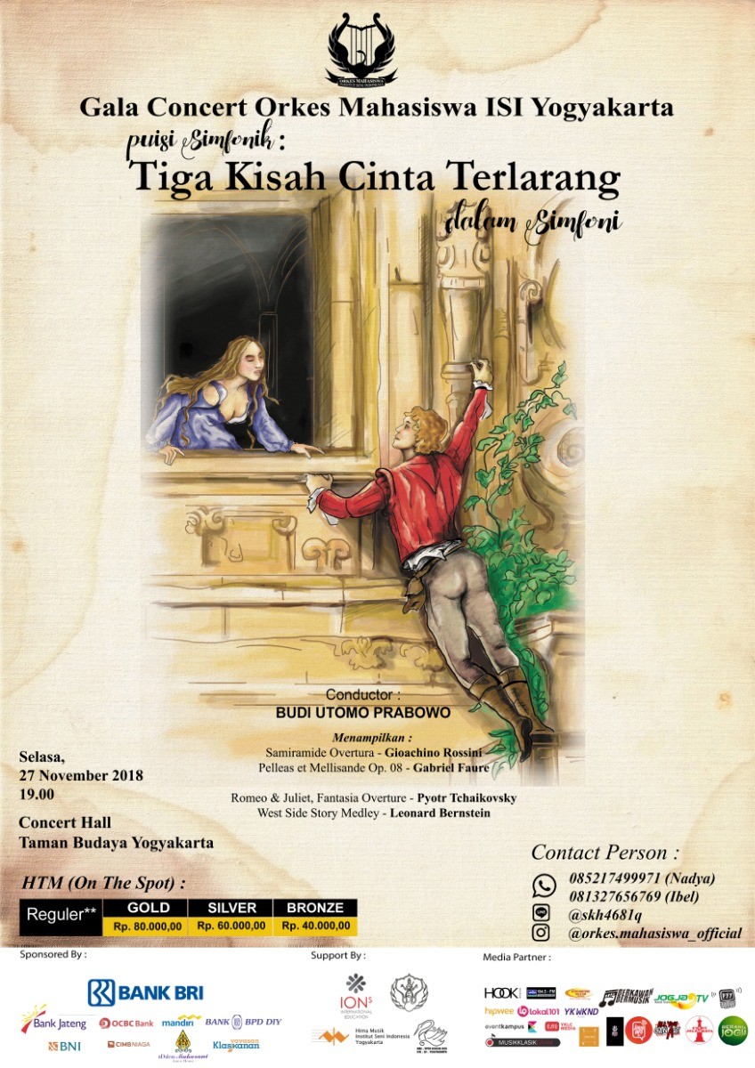 Poster GALA CONCERT ORKES MAHASISWA ISI YOGYAKARTA " PUISI SIMFONIK: TIGA KISAH CINTA TERLARANG DALAM SIMFONI"