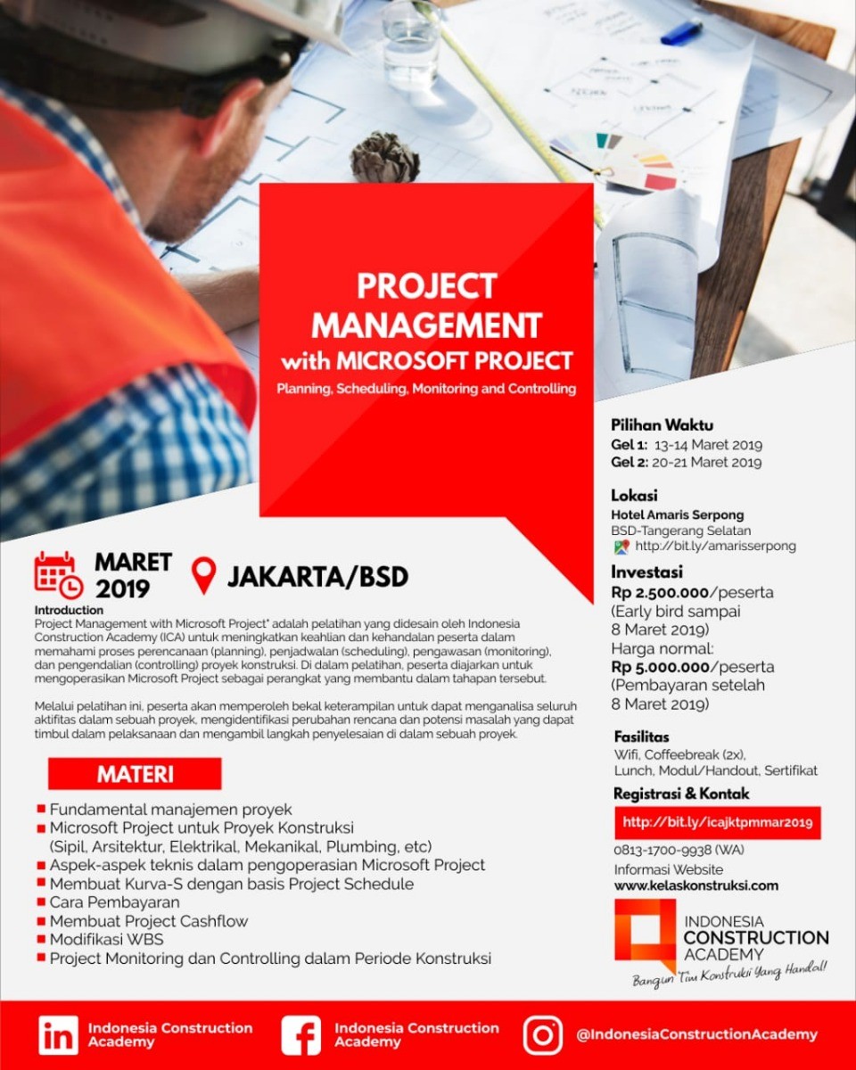 Poster Public Training "Project Management with Ms. Project' by Indonesia Construction Academy