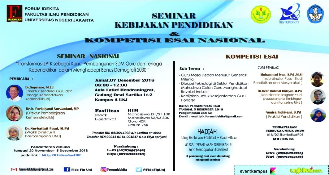 Poster Seminar Nasional Kebijakan Pendidikan dan Kompetisi Esai Nasional, Forum Idekita FIP UNJ 2018